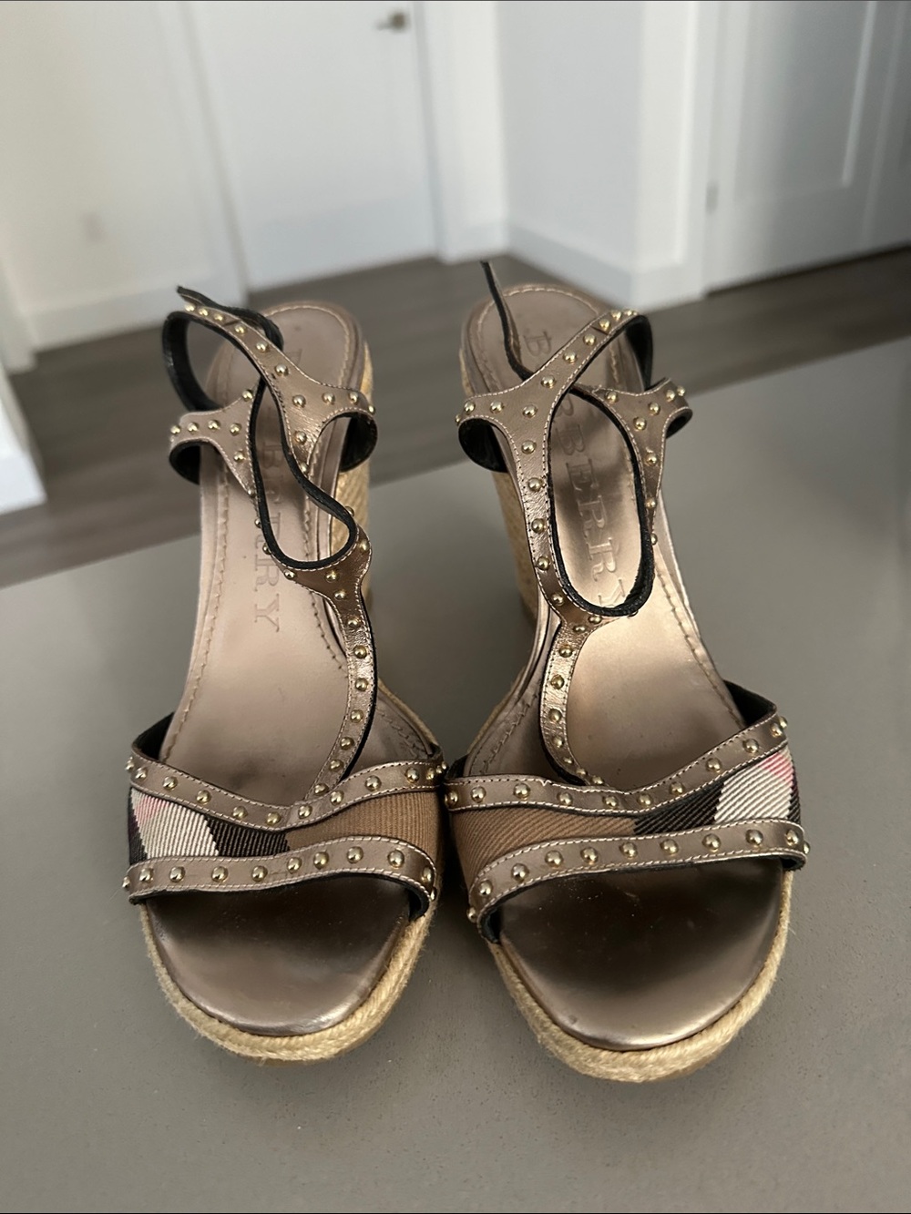 Burberry Metallic Brown Studded Wedge Sandals with Signature Stripe - Picture 1 of 5